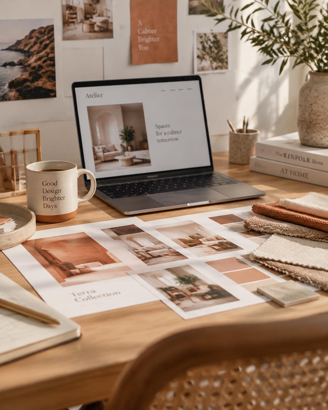 A warm creative studio desk with printed client mockups, fabric swatches, a laptop, and a ceramic mug
